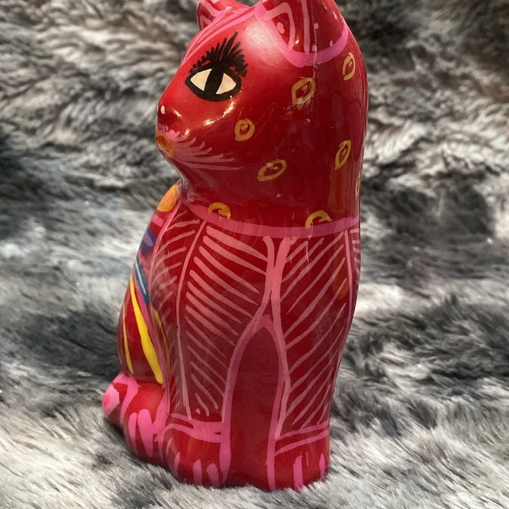 Folk Art Yellow Hand Painted Clay 
Cat Piggy Bank Floral Coin Bank - Picture 8 of 15